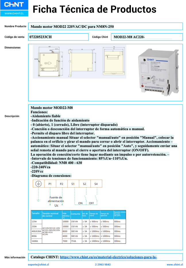 Mecanismo Motorizado CHINT MOD22-M8 para NM8N-250 AC/DC 220V – Código 072205233CH