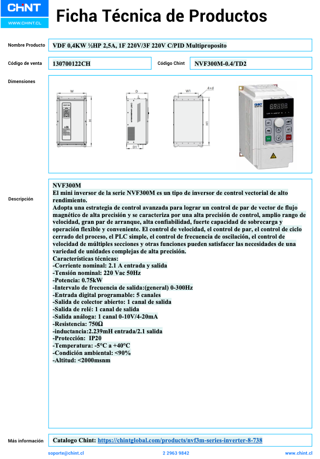 Variador de Frecuencia CHINT NVF300M 0,4 kW ½ HP 1F/3F 220 V con PID Multipropósito – Código 130700122CH