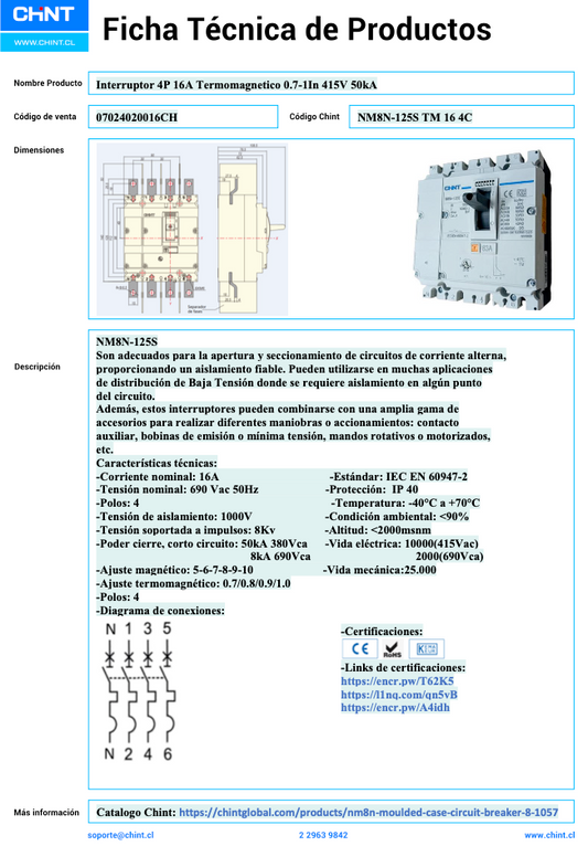 Interruptor Termomagnético CHINT NM8N-125S 4P 16A 415V 50 kA – Código 07024020016CH