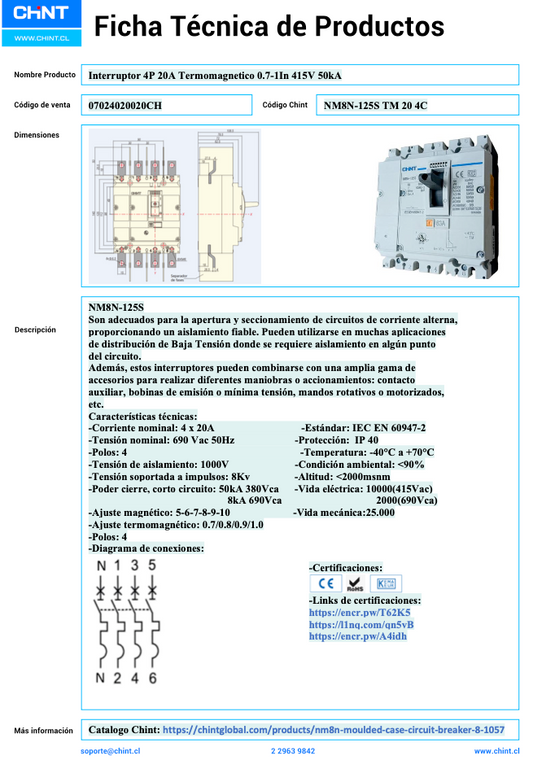 Interruptor Termomagnético CHINT NM8N-125S 4P 20A 415V 50 kA – Código 07024020020CH