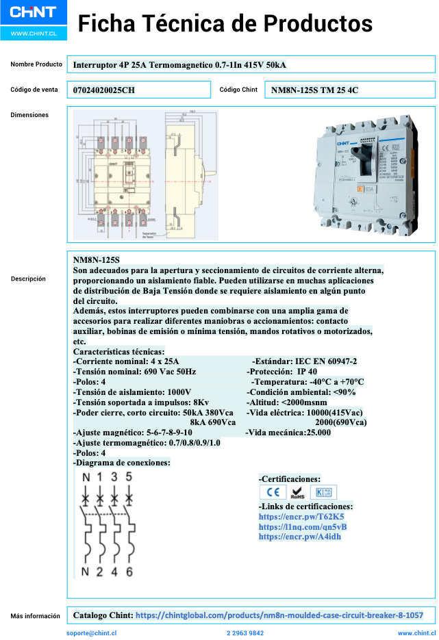 Interruptor Termomagnético CHINT NM8N-125S 4P 25A 415V 50 kA – Código 07024020025CH