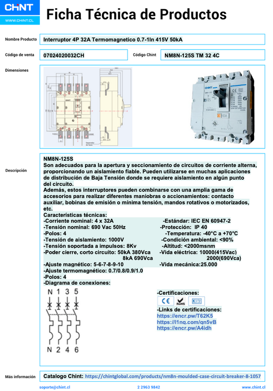 Interruptor Termomagnético CHINT NM8N-125S 4P 32A 415V 50 kA – Código 07024020032CH