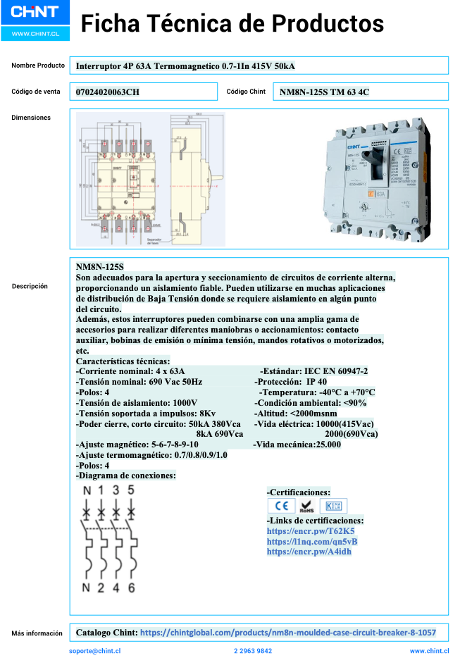Interruptor Termomagnético CHINT NM8N-125S 4P 63A 415V 50 kA – Código 07024020063CH