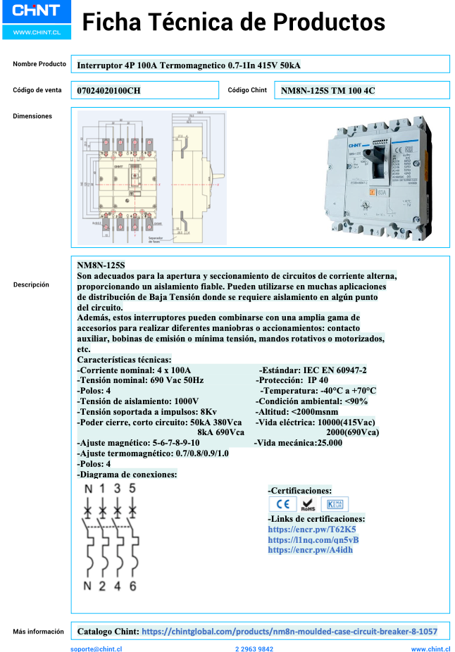 Interruptor Termomagnético CHINT NM8N-125S 4P 100A 415V 50 kA – Código 07024020100CH