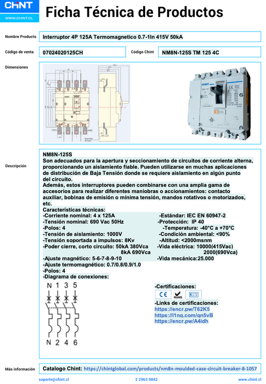 Interruptor Termomagnético CHINT NM8N-125S 4P 125A 415V 50 kA – Código 07024020125CH