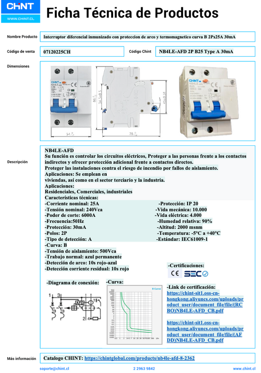 Interruptor Diferencial CHINT NB4LE-AFD 2P 25A 30 mA Tipo B con AFD y Curva B – Código 07120225CH