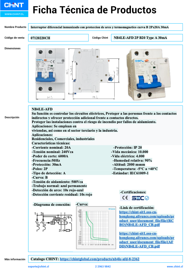 Interruptor Diferencial CHINT NB4LE-AFD 2P 20A 30 mA Tipo B con AFD y Curva B – Código 07120220CH