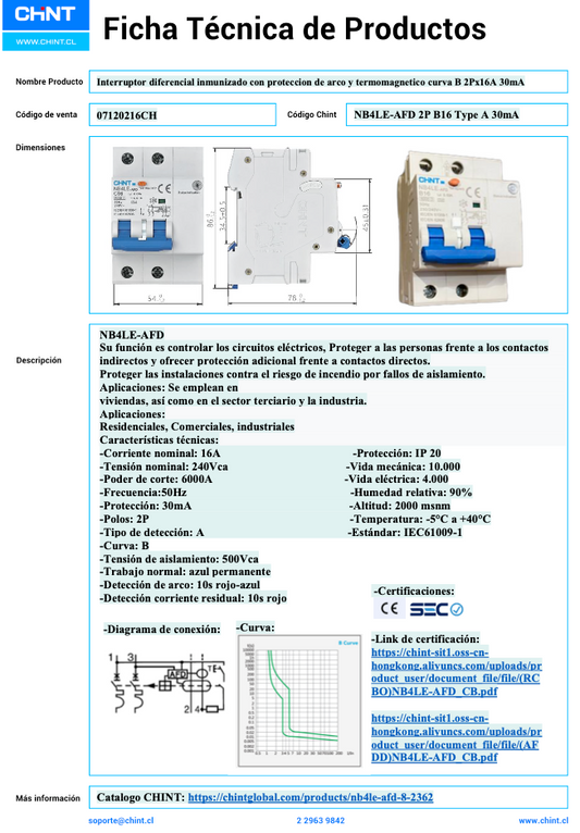 Interruptor Diferencial CHINT NB4LE-AFD 2P 16A 30 mA Tipo B con AFD y Curva B – Código 07120216CH