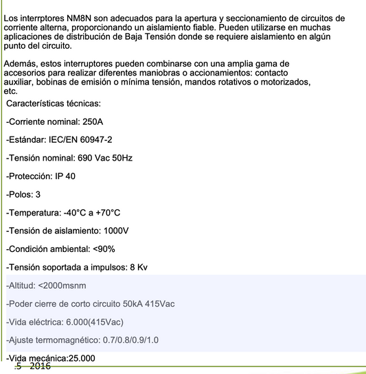 Interruptor Termomagnético CHINT NM8N-250S 3P 250A 415V 50 kA – Código 07023020250CH