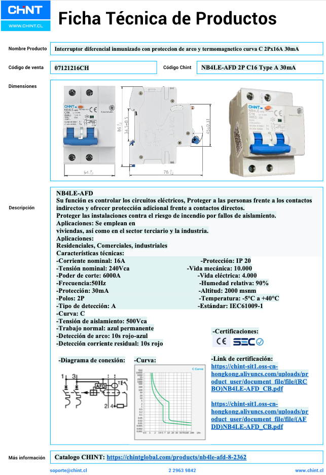 Interruptor Diferencial CHINT NB4LE-AFD 2P 16A 30 mA Tipo A con AFD y Curva C – Código 07121216CH
