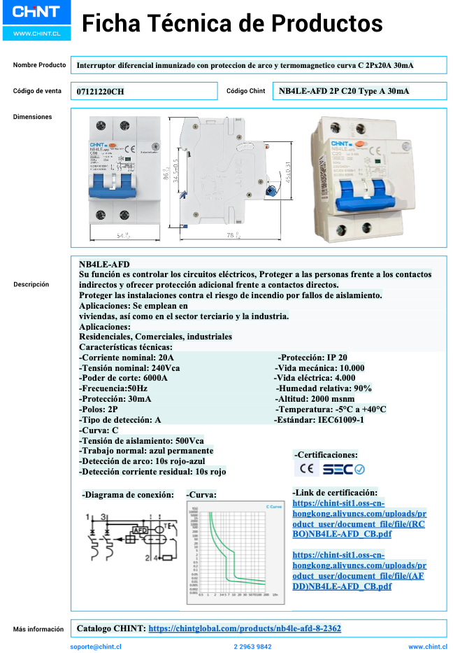 Interruptor Diferencial CHINT NB4LE-AFD 2P 20A 30 mA Tipo A con AFD y Curva C – Código 07121220CH