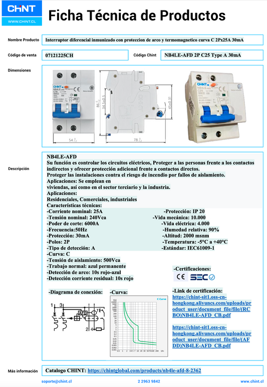 Interruptor Diferencial CHINT NB4LE-AFD 2P 25A 30 mA Tipo A con AFD y Curva C – Código 07121225CH