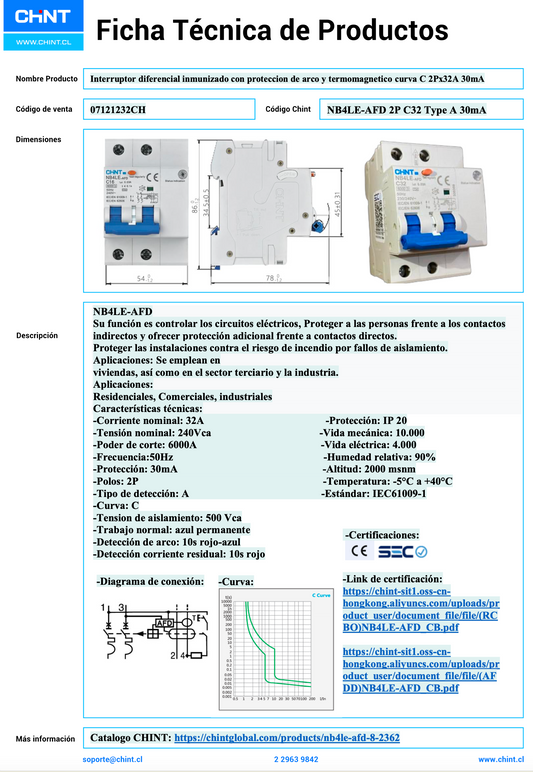 Interruptor Diferencial CHINT NB4LE-AFD 2P 32A 30 mA Tipo A con AFD y Curva C – Código 07121232CH