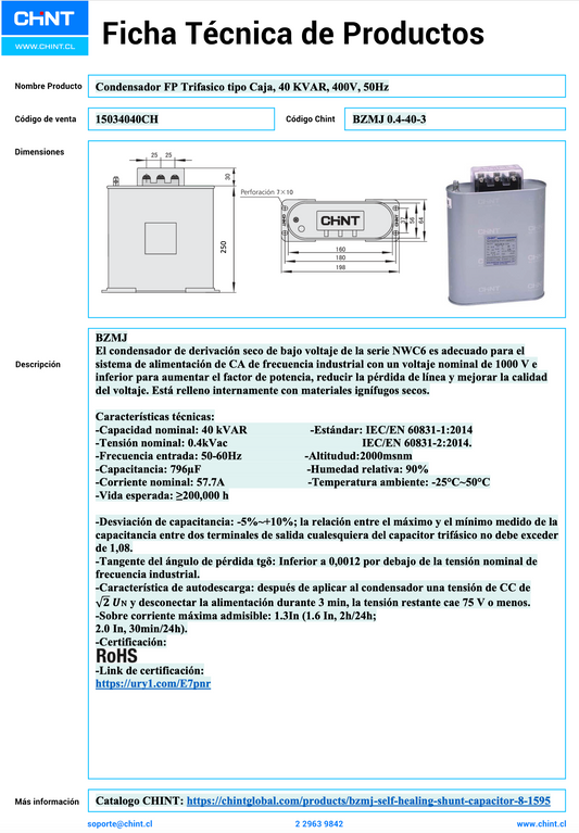 Condensador Trifásico CHINT BKMJ 40 kVAR 400V 50Hz Tipo Caja – Código 15034040CH