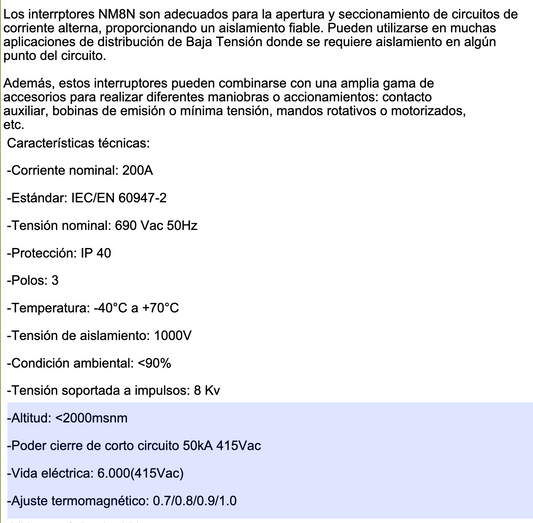 Interruptor Termomagnético CHINT NM8N-250S 3P 200A 415V 50 kA – Código 07023020200CH
