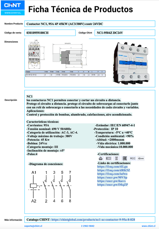 Contactor CHINT NC1-9504Z 4P 95A Bobina 24VDC 45kW (AC3/380V) – Código 03010959100CH