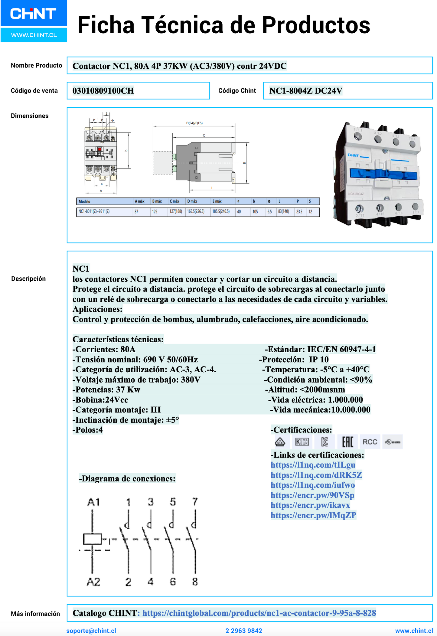 Contactor CHINT NC1-8004Z 4P 80A Bobina 24VDC 37kW (AC3/380V) – Código 03010809100CH