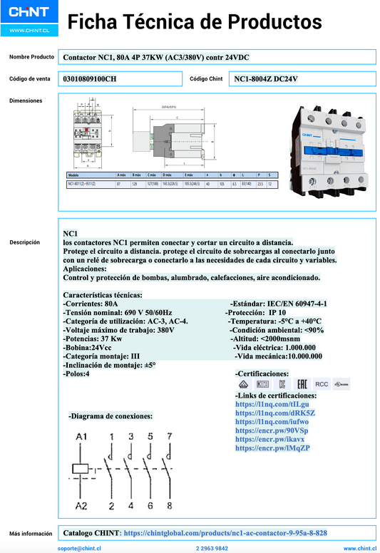 Contactor CHINT NC1-8004Z 4P 80A Bobina 24VDC 37kW (AC3/380V) – Código 03010809100CH