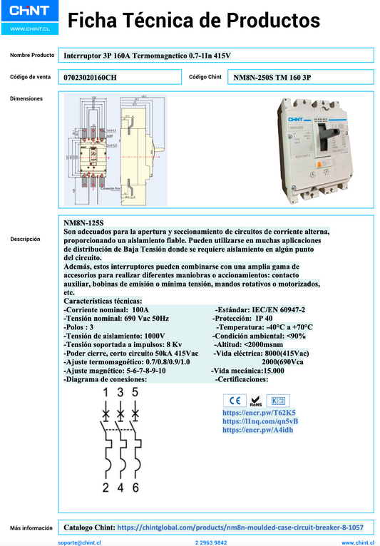 Interruptor Termomagnético CHINT NM8N-250S 3P 160A 415V 50 kA – Código 07023020160CH
