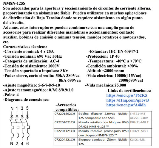 Interruptor Termomagnético CHINT NM8N-125C 4P 25A 415V 36 kA – Código 07224020025CH