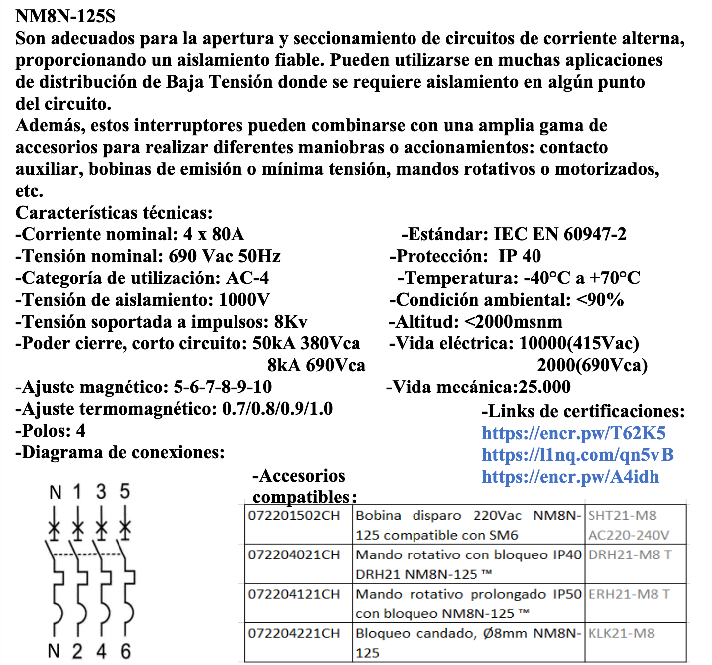 Interruptor Termomagnético CHINT NM8N-125C 4P 80A 415V 36 kA – Código 07224020080CH