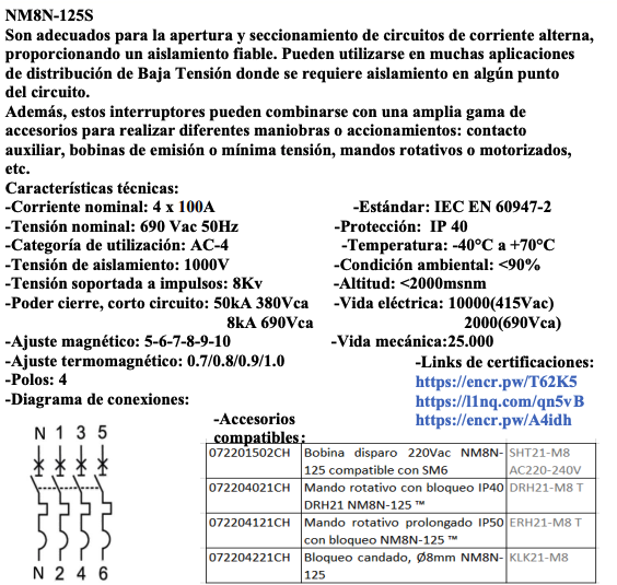 Interruptor Termomagnético CHINT NM8N-125C 4P 100A 415V 36 kA – Código 07224020100CH