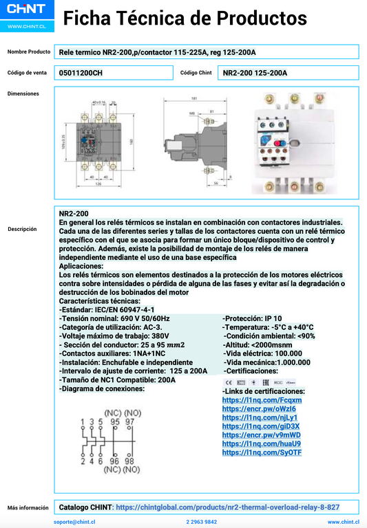 Relé Térmico CHINT NXR2-200 para Contactores 100–200A – Código 05011200CH