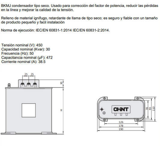 Condensador Trifásico CHINT BKMJ 30 kVAR 450V 50Hz Tipo Caja Seco – Código 150340030CH