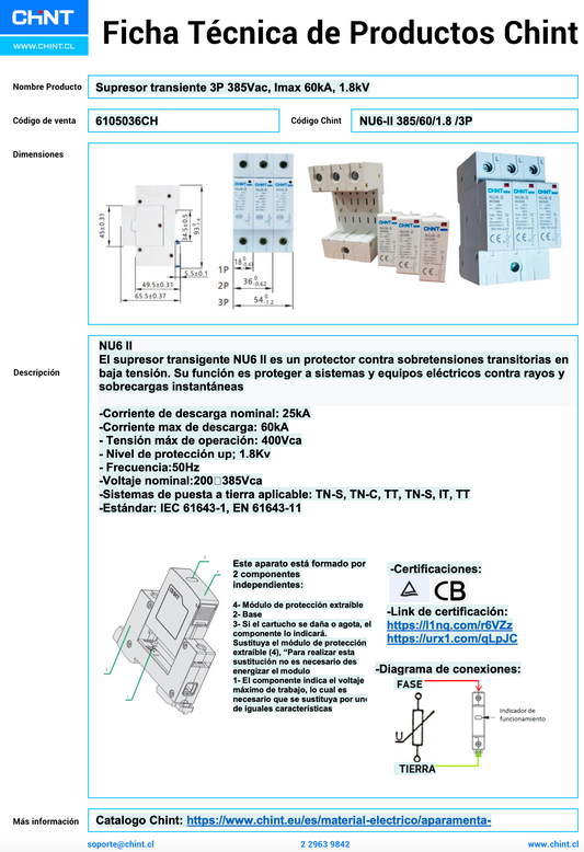 Supresor de Transientes CHINT NU6-II 3P 385V Imax 60kA Up 1,8kV – Código 6105036CH