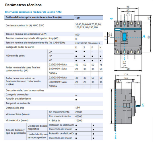 Interruptor MCCB CHINT NXM-160S 4P 150A 36kA Fijo – Código 07212430150CH