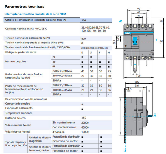 Interruptor MCCB CHINT NXM-160S 4P 160A 36kA Fijo – Código 07212430160CH