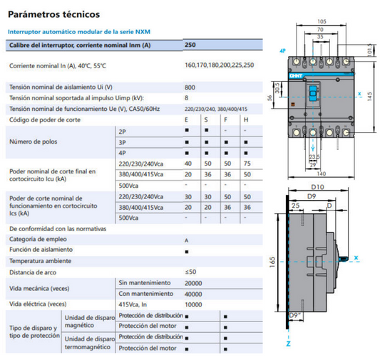 Interruptor MCCB CHINT NXM-250S 4P 180A 36kA Fijo – Código 07212430180CH