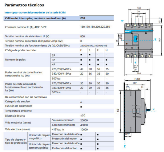 Interruptor MCCB CHINT NXM-250S 4P 200A 36kA Fijo – Código 07212430200CH
