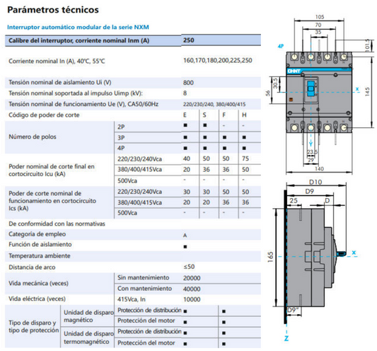 Interruptor MCCB CHINT NXM-250S 4P 225A 36kA Fijo – Código 07212430225CH