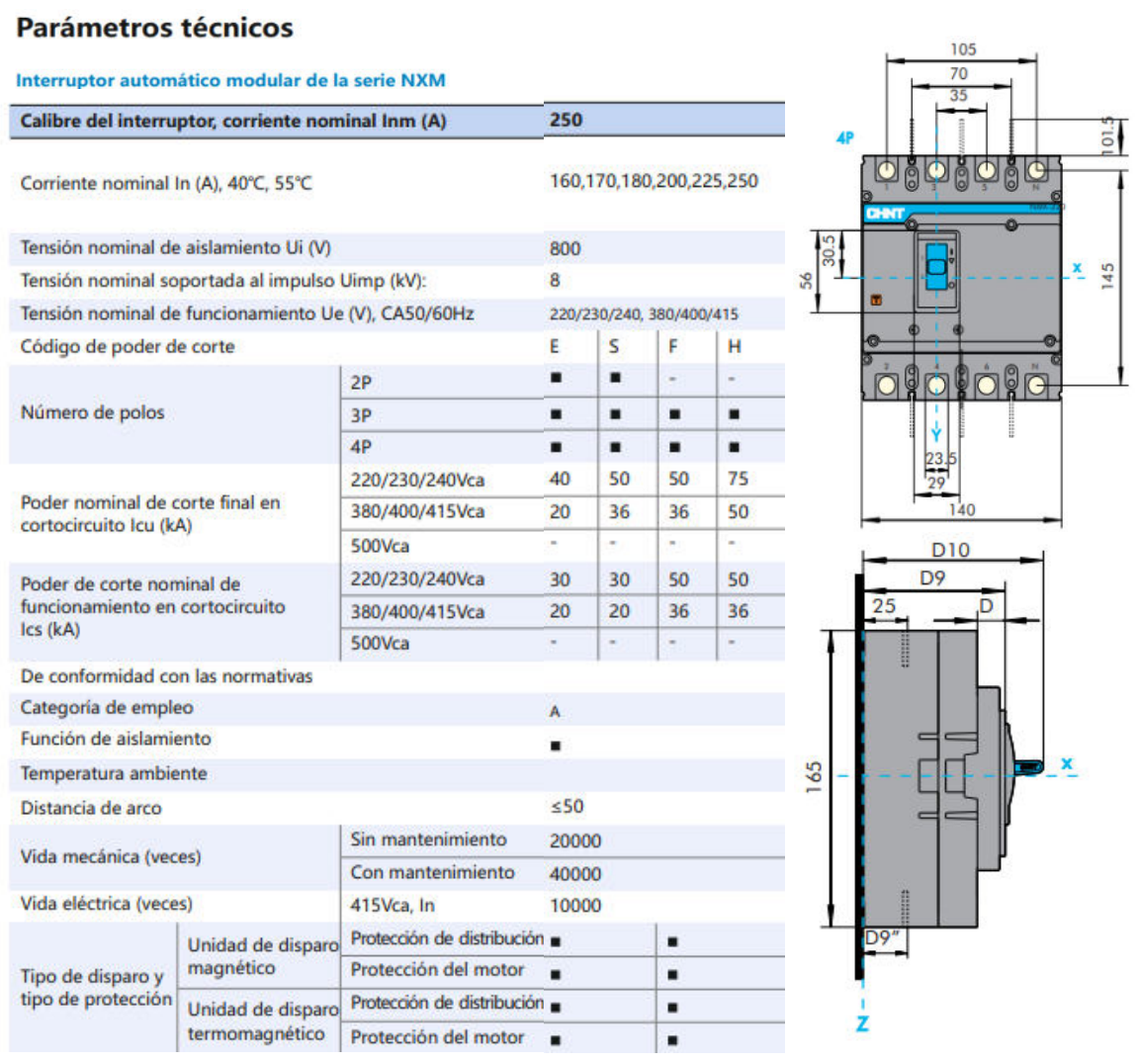 Interruptor MCCB CHINT NXM-250S 4P 250A 36kA Fijo – Código 07212430250CH