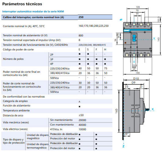 Interruptor MCCB CHINT NXM-250S 4P 250A 36kA Fijo – Código 07212430250CH