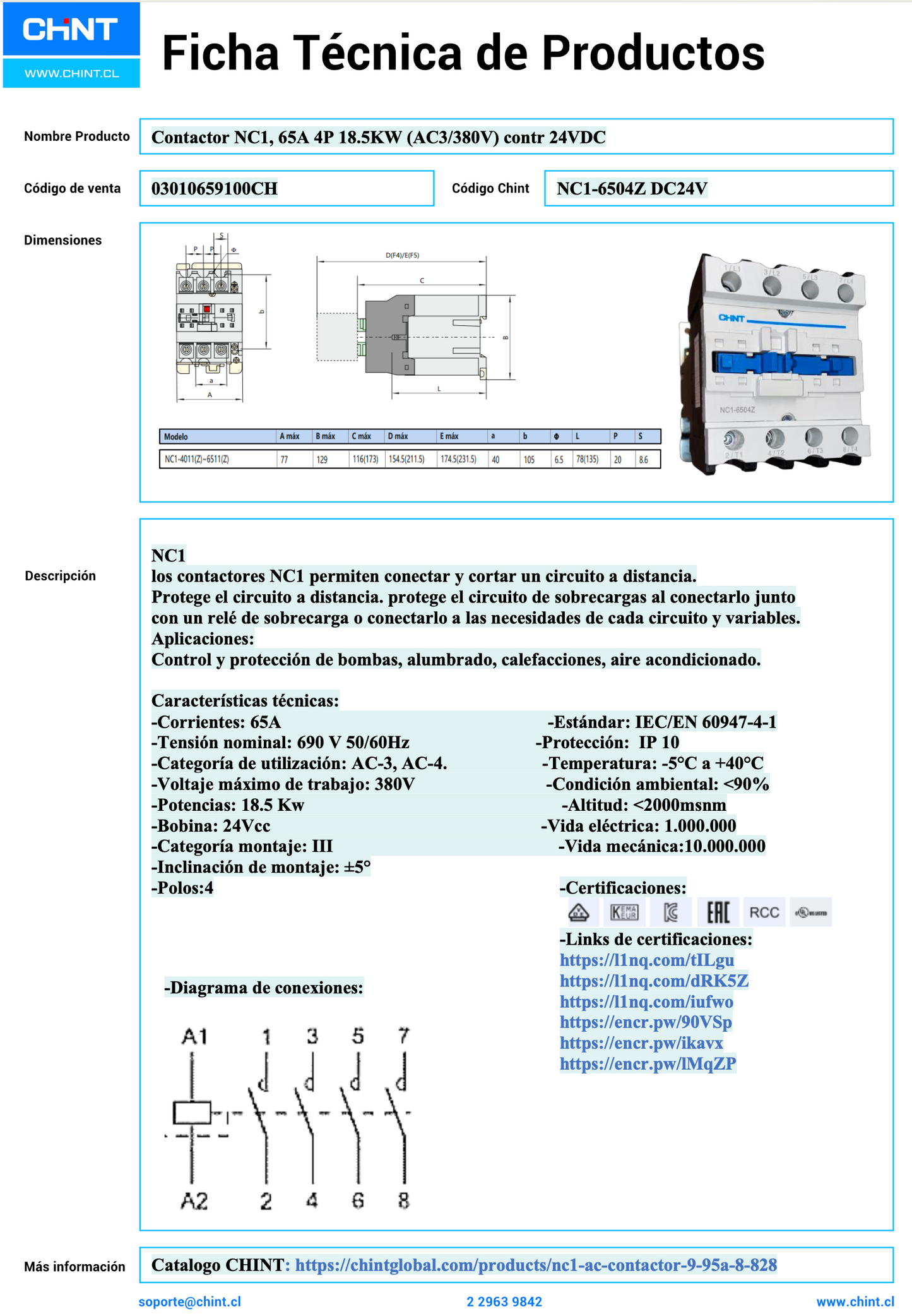 Contactor CHINT NC1-6504Z 4P 65A 30kW Bobina 24VDC – Código 03010659100CH