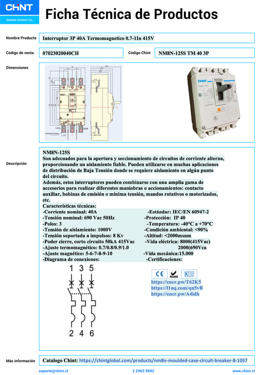 Interruptor Termomagnético CHINT NM8N-125S 3P 40A 415V 25kA – Código 07023020040CH