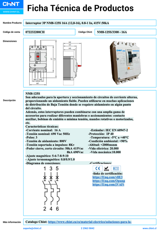 Interruptor Termomagnético CHINT NM8-125S 3P 16A 415V 50kA – Código 072232200CH