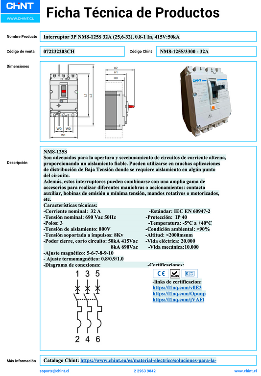 Interruptor Termomagnético CHINT NM8-125S 3P 32A 50 kA 415 V – Código 072232203CH