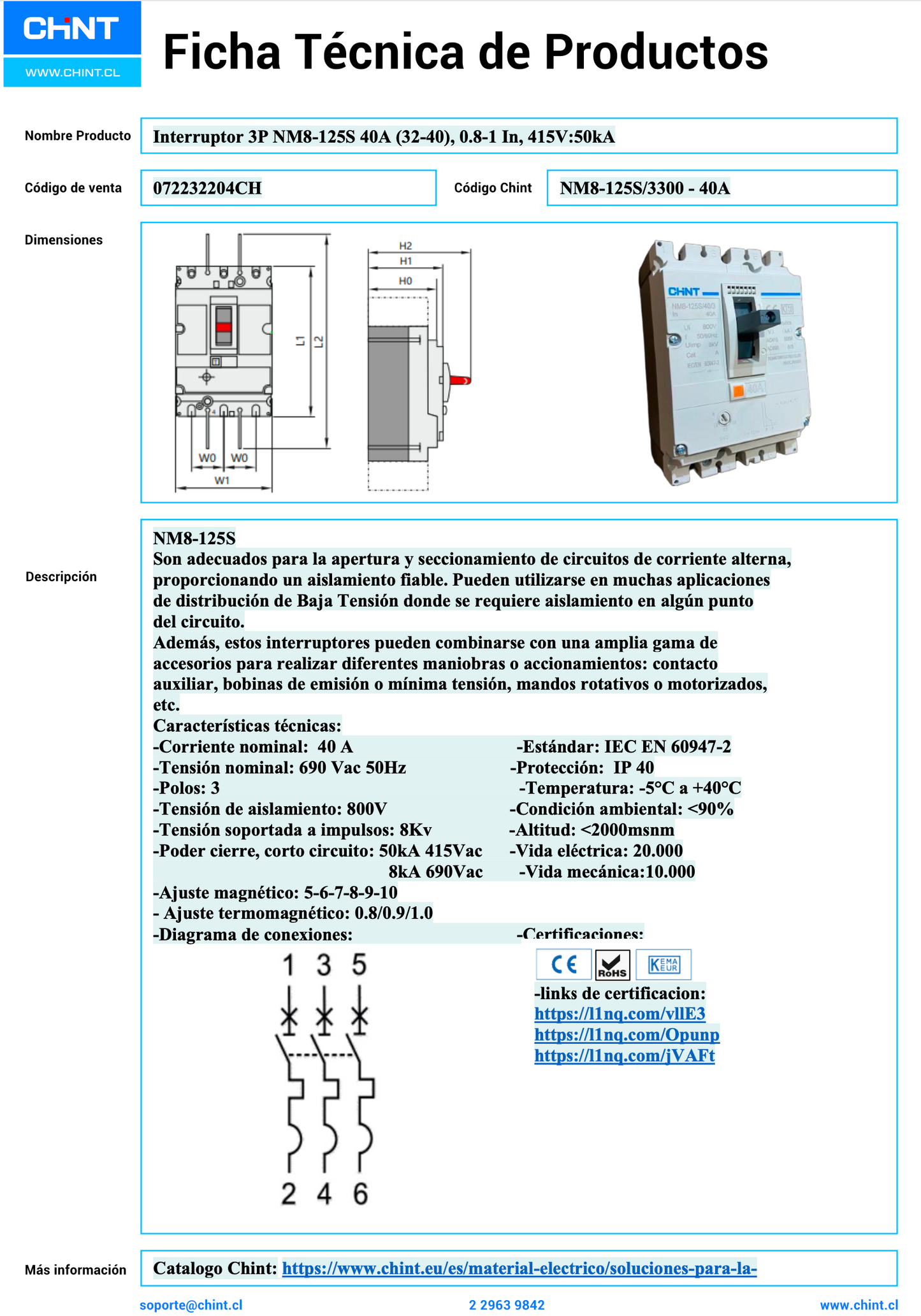 Interruptor Termomagnético CHINT NM8-125S 3P 40A 50 kA 415 V – Código 072232204CH