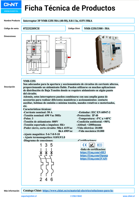 Interruptor Termomagnético CHINT NM8-125S 3P 50A 50 kA 415 V – Código 072232205CH