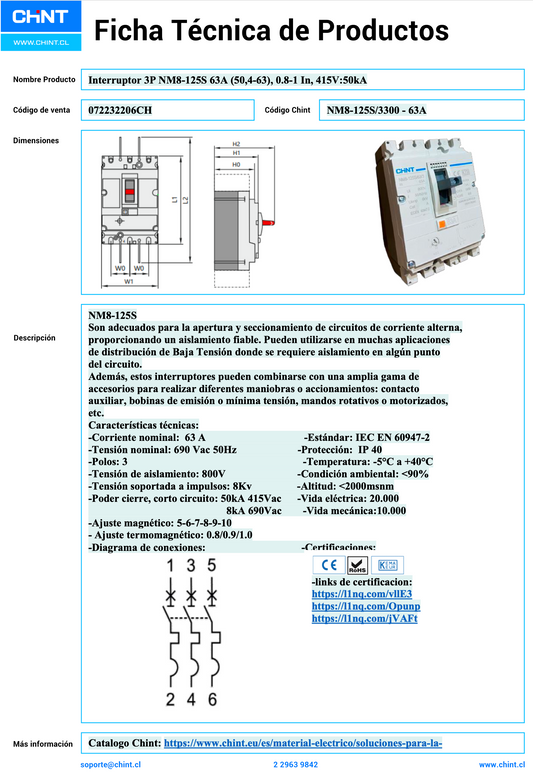 Interruptor Termomagnético CHINT NM8-125S 3P 63A 50 kA 415 V – Código 072232206CH