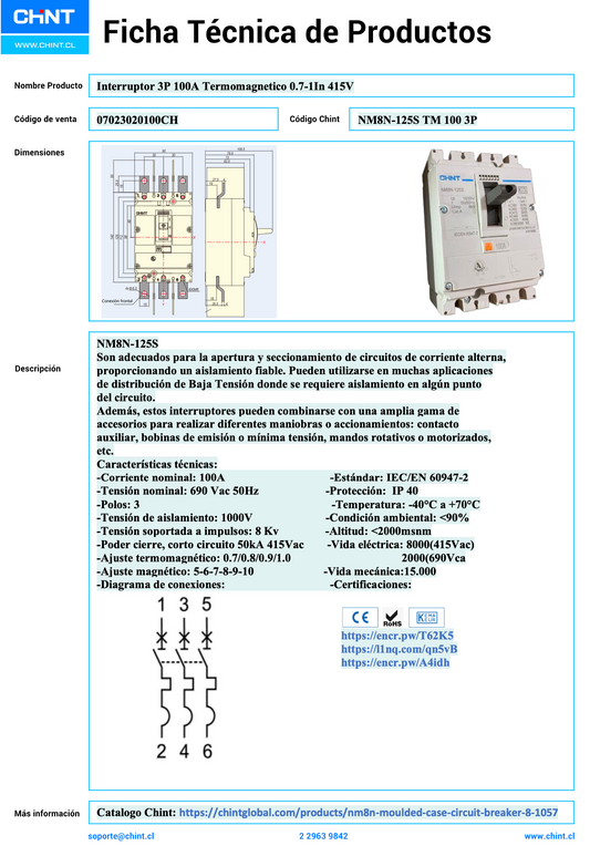 Interruptor Termomagnético CHINT NM8N-125S 3P 100A 50 kA 415 V – Código 07023020100CH