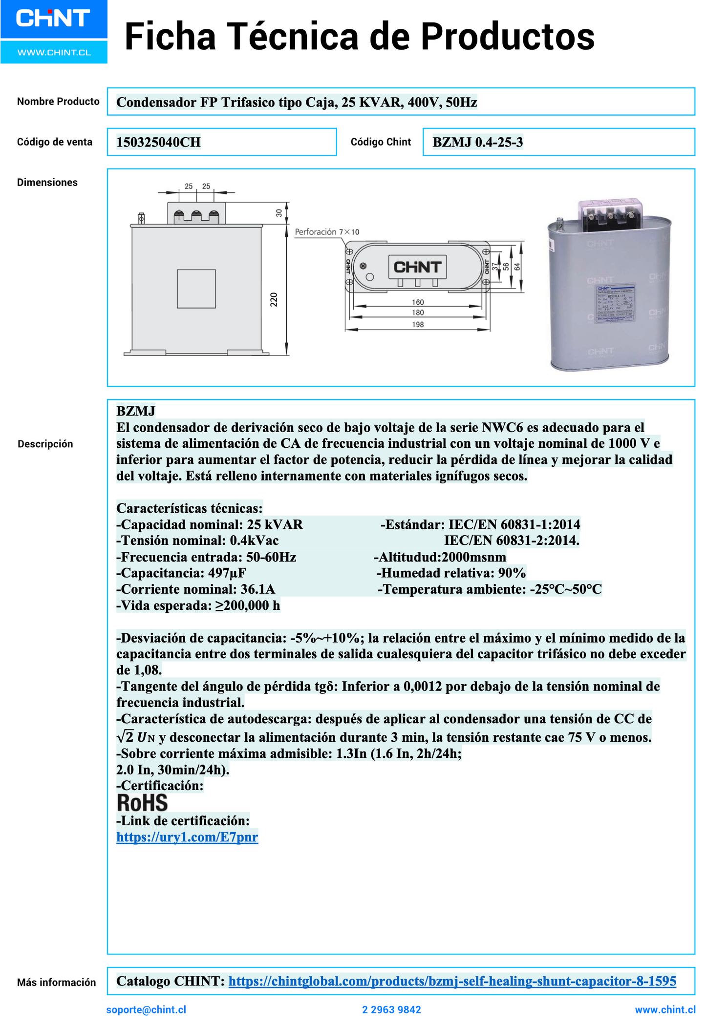 Condensador Trifásico CHINT BZMJ 25 kVAR 400 V 50 Hz – Código 150325040CH