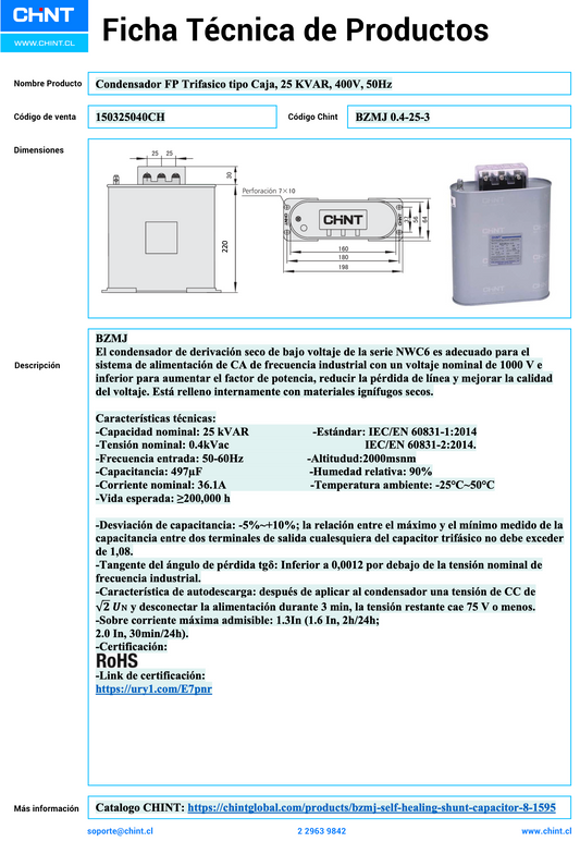 Condensador Trifásico CHINT BZMJ 25 kVAR 400 V 50 Hz – Código 150325040CH