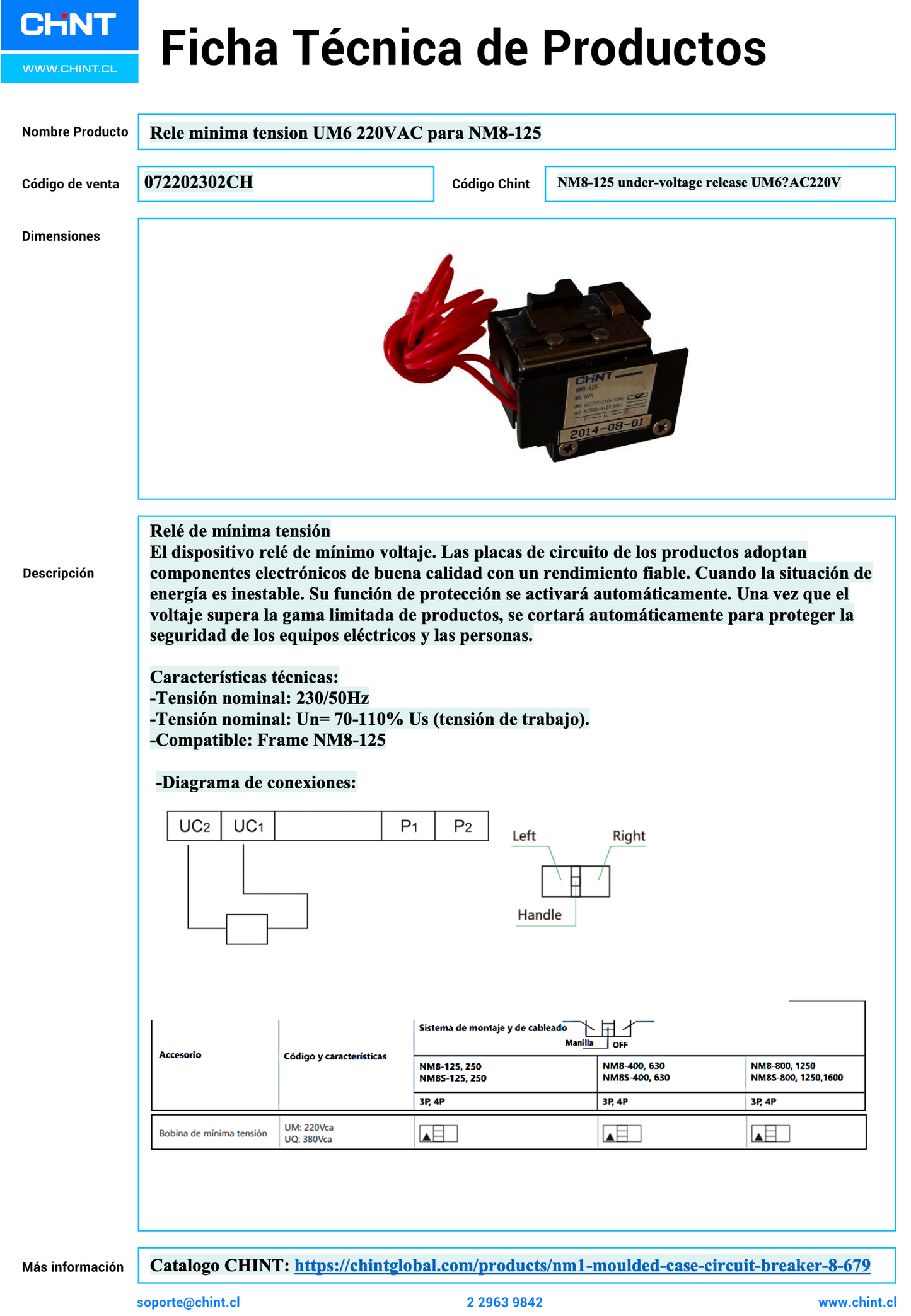 Relé de Mínima Tensión CHINT UM6 220 V AC para NM8-125 – Código 072202302CH