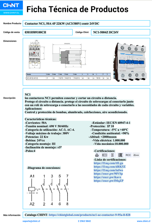 Contactor CHINT NC1-5004Z 4P 50A 22 kW Bobina 24 V DC – Código 03010509100CH