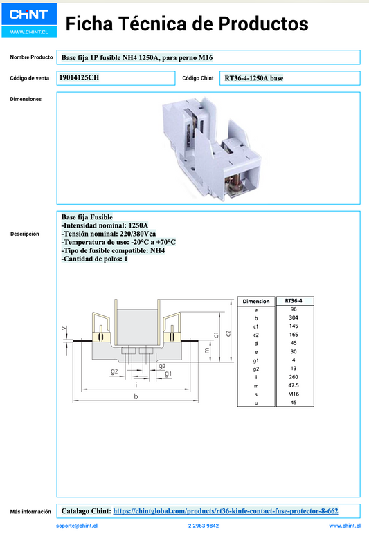 Base Fija CHINT RT36-4-1250A para Fusible NH4 1P 1250A – Código 19014125CH