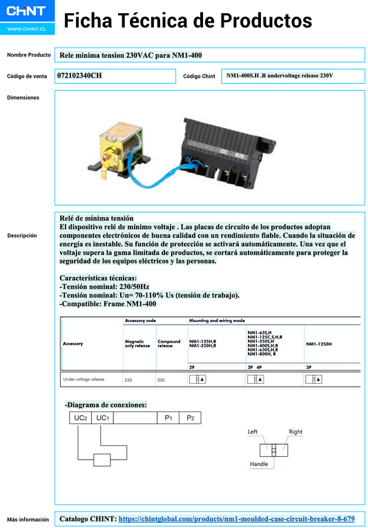 Relé de mínima tensión CHINT 230VAC para Interruptor NM1-400 – Código 072102340CH